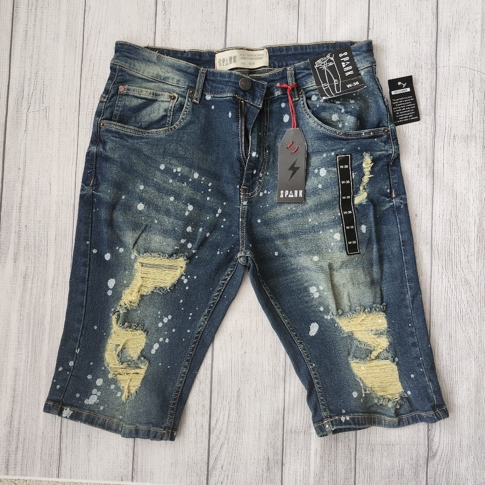 Men's Distressed Blue Denim Shorts With Paint Splatter - Skinny Fit
